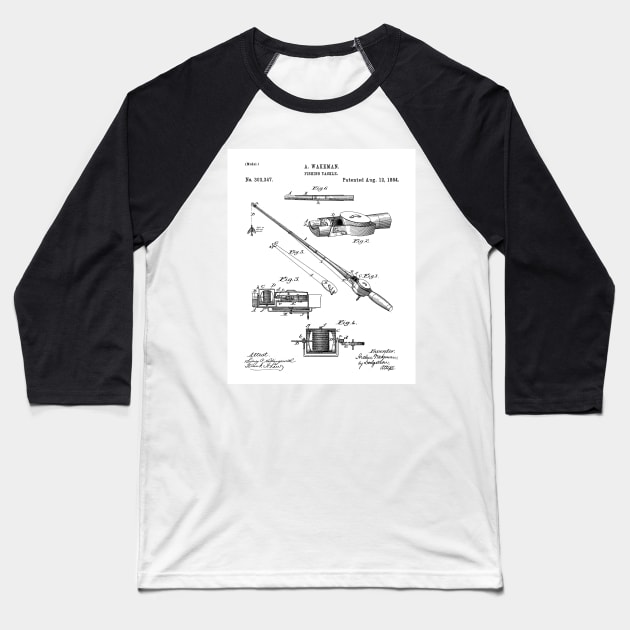 Fishing Rod Patent - Fishing Art - Black And White Baseball T-Shirt by patentpress